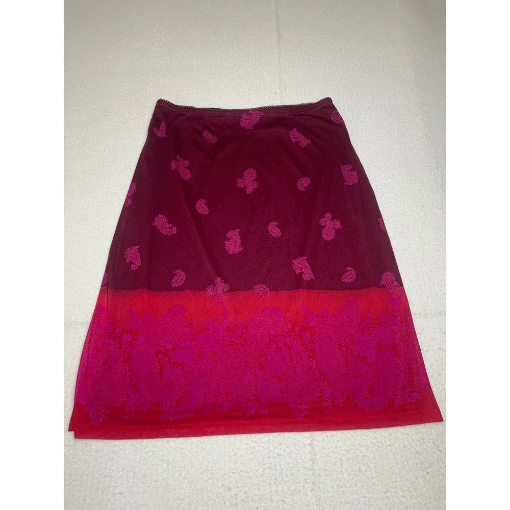 Y2K Express World Brand Burgundy Red Paisley Mesh Ombre Midi‎ Skirt Fairycore